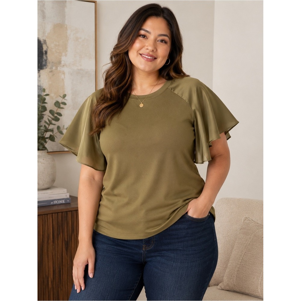 Nordstrom Rack 1X Olive Flutter Sleeve Blouse Plus Size Stretch Top Relaxed